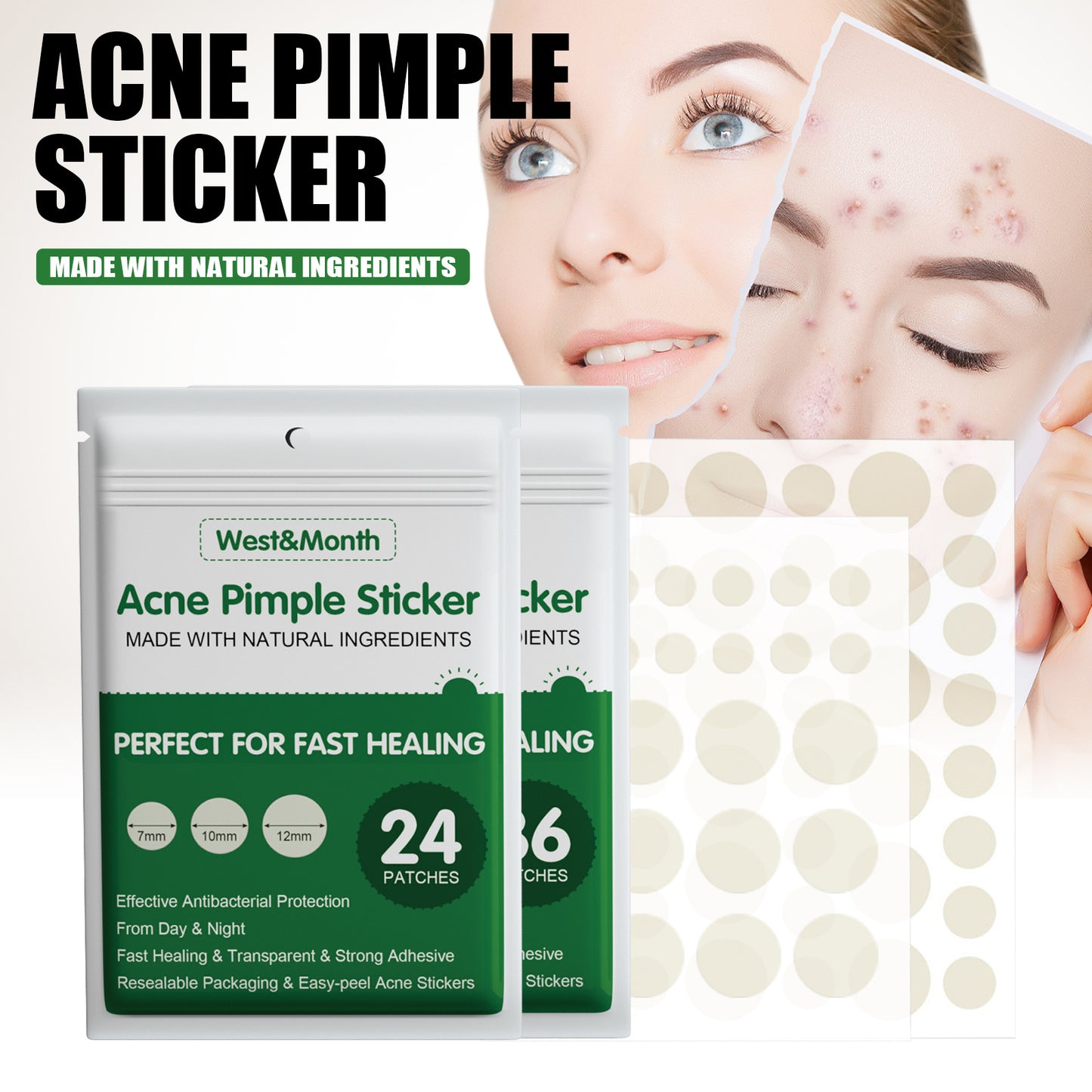 West&Month Acne Pimple Sticker – Fast Healing Hydrocolloid Patches (36 pcs)
