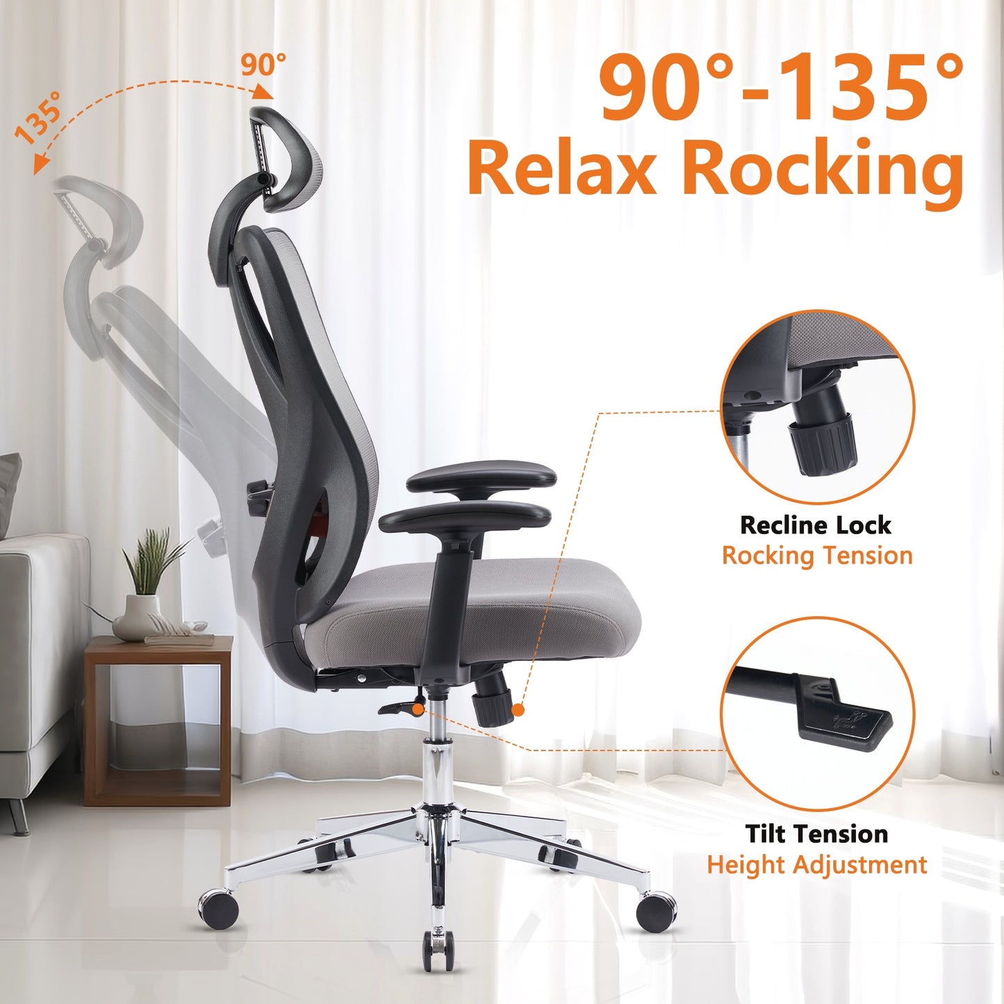 Ergonomic Mesh Executive Office Chair with Adjustable Headrest & Lumbar – Grey or Black