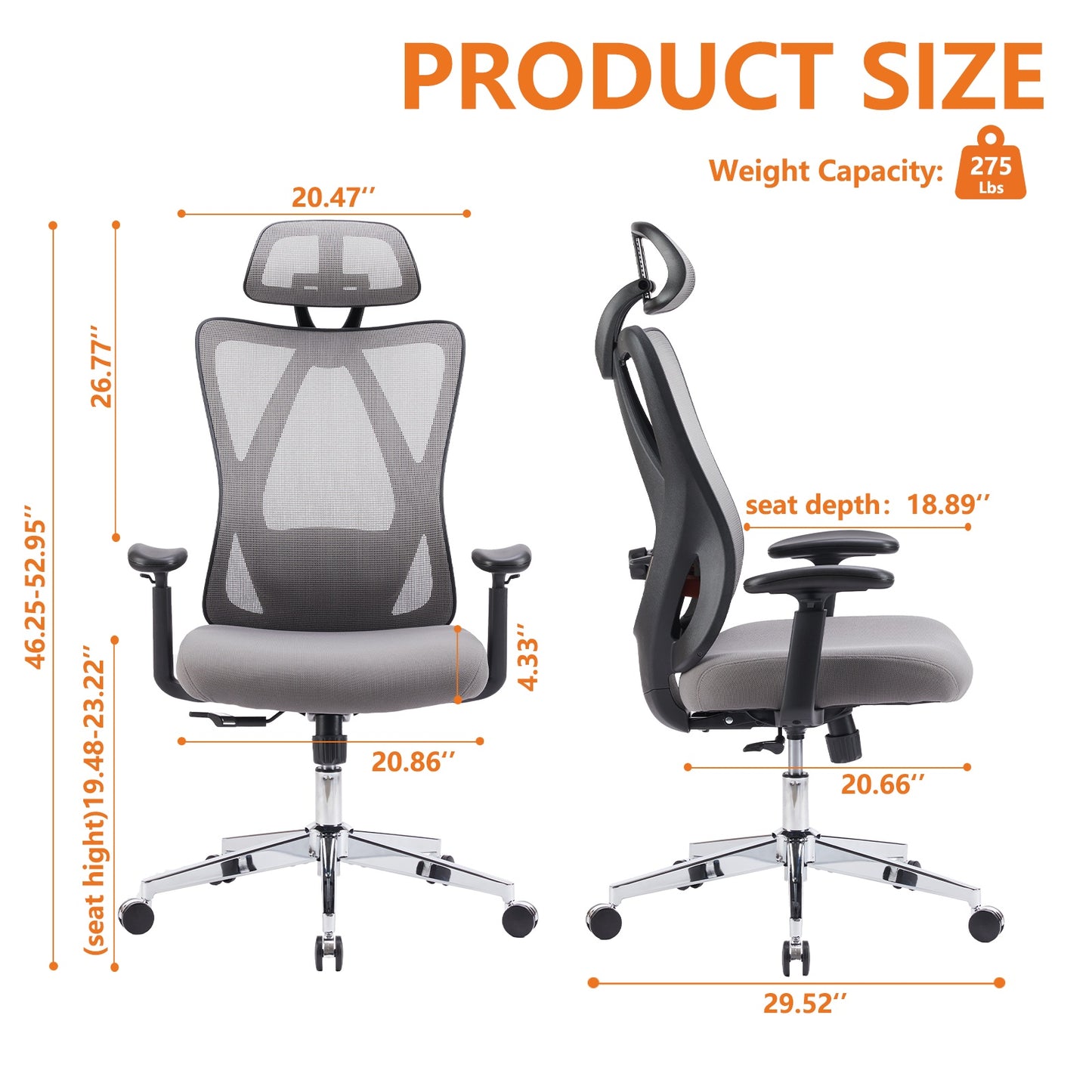 Ergonomic Mesh Executive Office Chair with Adjustable Headrest & Lumbar – Grey or Black